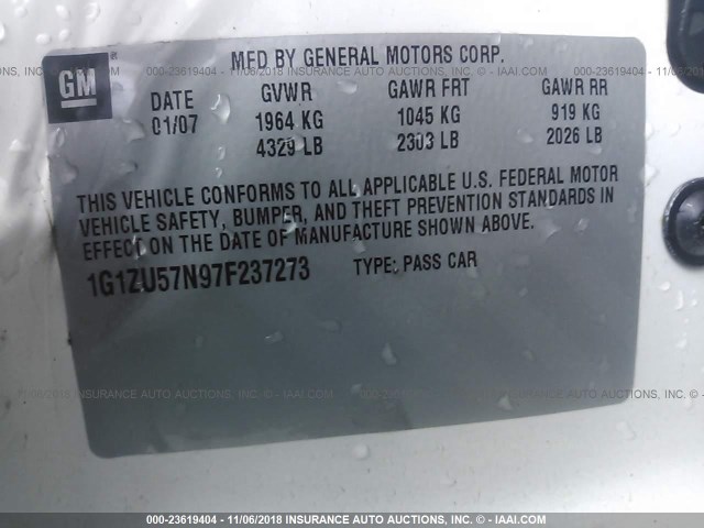 1G1ZU57N97F237273 - 2007 CHEVROLET MALIBU LTZ 白色 照片 9