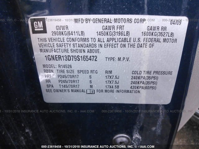 1GNER13D79S165472 - 2009 CHEVROLET TRAVERSE LS BLUE photo 9