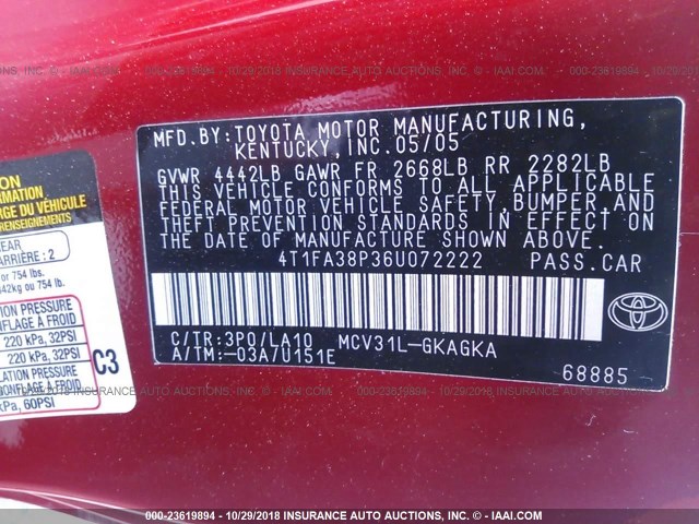 4T1FA38P36U072222 - 2006 TOYOTA CAMRY SOLARA SE/SLE Qırmızı foto 9