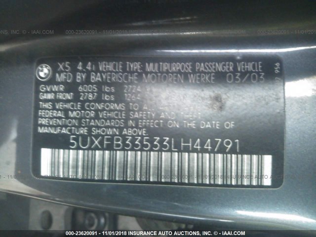 5UXFB33533LH44791 - 2003 BMW X5 4.4I GRAY photo 9