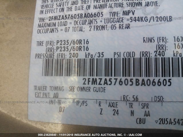 2FMZA57605BA06605 - 2005 FORD FREESTAR SES TAN photo 9