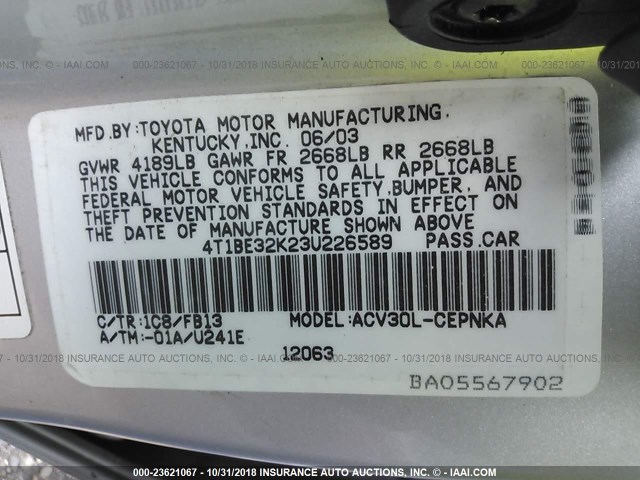 4T1BE32K23U226589 - 2003 TOYOTA CAMRY LE/XLE/SE SILVER photo 9