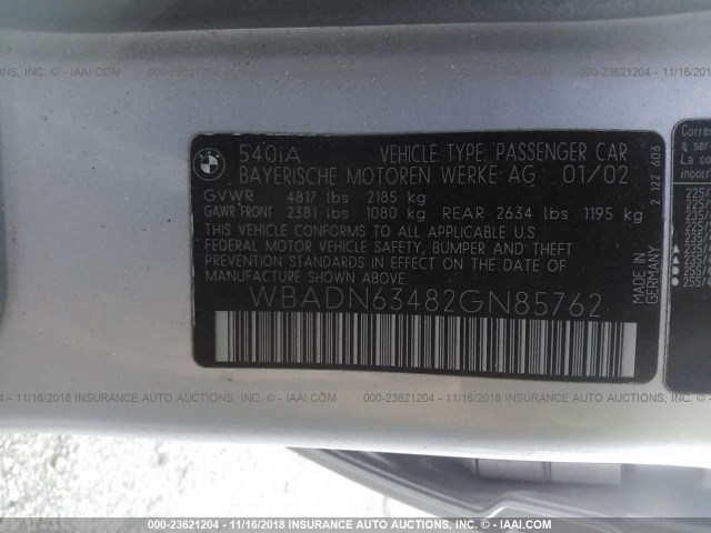 WBADN63482GN85762 - 2002 BMW 540 I AUTOMATIC SILVER photo 9