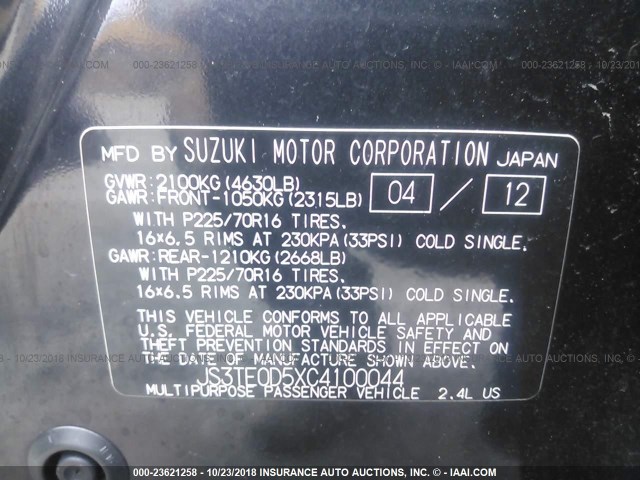 JS3TE0D5XC4100044 - 2012 SUZUKI GRAND VITARA  BLACK photo 9