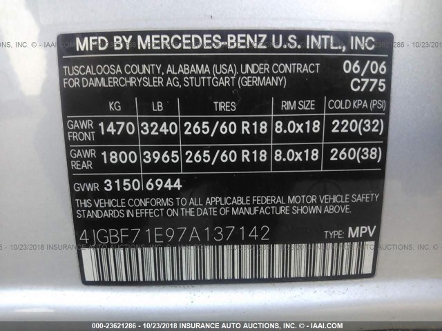 4JGBF71E97A137142 - 2007 MERCEDES-BENZ GL 450 4MATIC SILVER photo 9