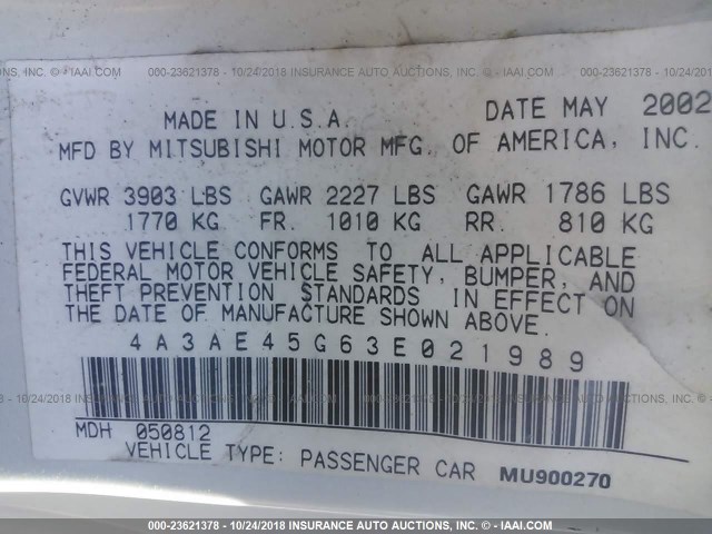 4A3AE45G63E021989 - 2003 MITSUBISHI ECLIPSE SPYDER GS 白色 照片 9