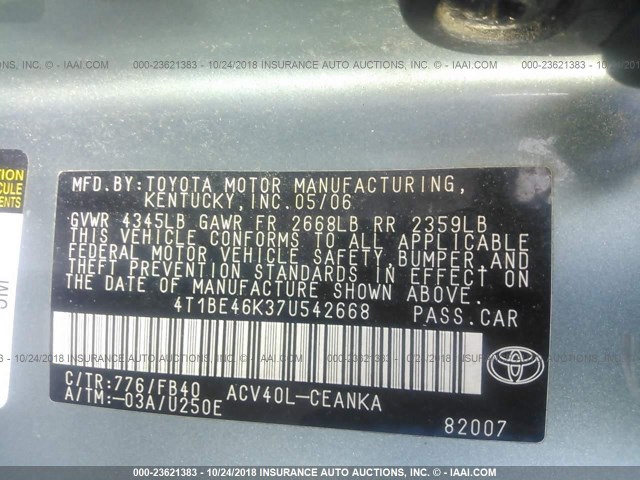 4T1BE46K37U542668 - 2007 TOYOTA CAMRY NEW GENERAT CE/LE/XLE/SE GREEN photo 9