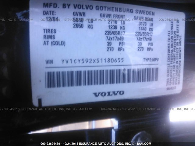 YV1CY592X51180655 - 2005 VOLVO XC90 BLACK photo 9