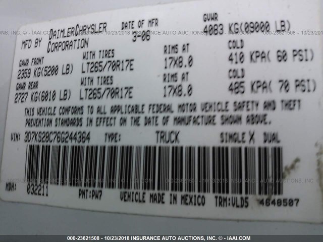 3D7KS28C76G244364 - 2006 DODGE RAM 2500 ST/SLT/LARAMIE თეთრი ფოტო 9