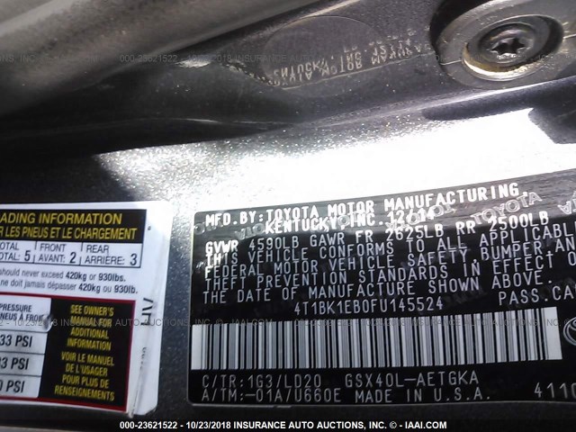 4T1BK1EB0FU145524 - 2015 TOYOTA AVALON XLE/PREMIUM/TOURING/LTD 灰色 照片 9