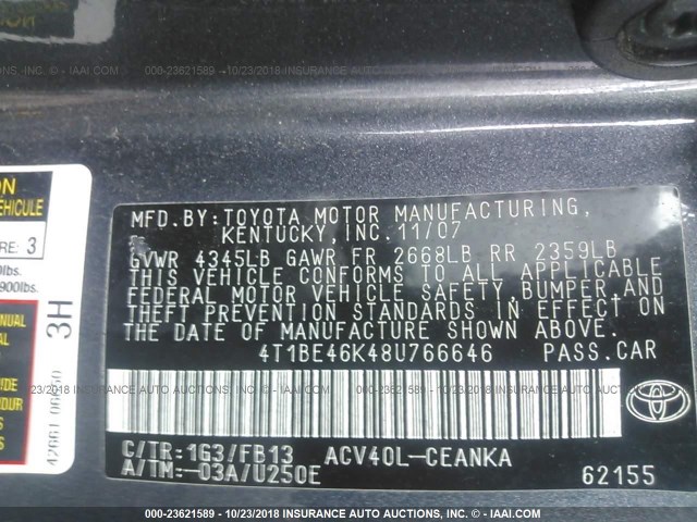 4T1BE46K48U766646 - 2008 TOYOTA CAMRY CE/LE/XLE/SE GRAY photo 9