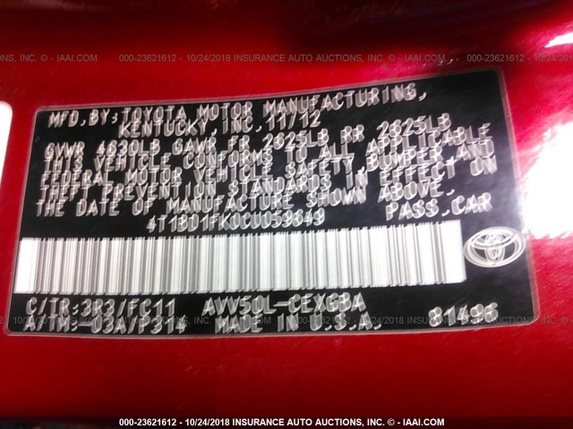 4T1BD1FK0CU059649 - 2012 TOYOTA CAMRY HYBRID/LE/XLE 红色 照片 9