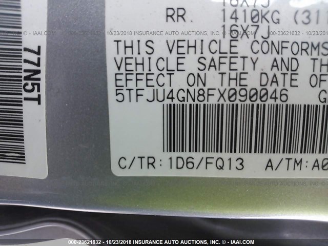 5TFJU4GN8FX090046 - 2015 TOYOTA TACOMA DOUBLE CAB PRERUNNER SILVER photo 9