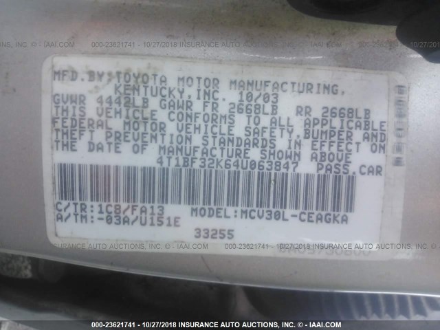 4T1BF32K64U063847 - 2004 TOYOTA CAMRY LE/XLE/SE SILVER photo 9