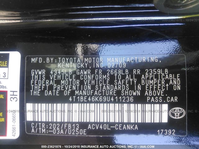 4T1BE46K69U411236 - 2009 TOYOTA CAMRY SE/LE/XLE BLACK photo 9