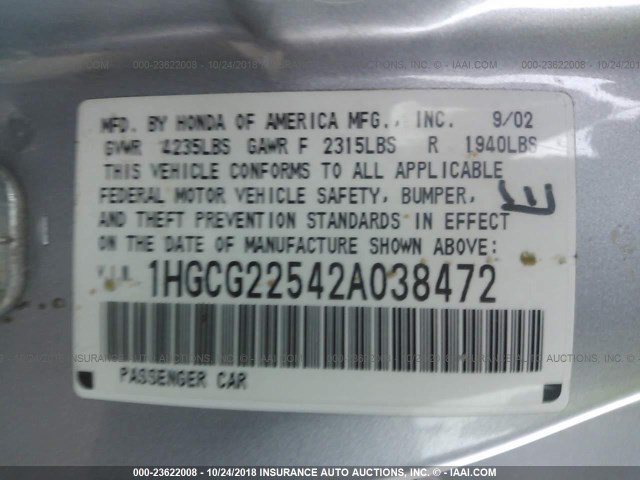 1HGCG22542A038472 - 2002 HONDA ACCORD EX SILVER photo 9