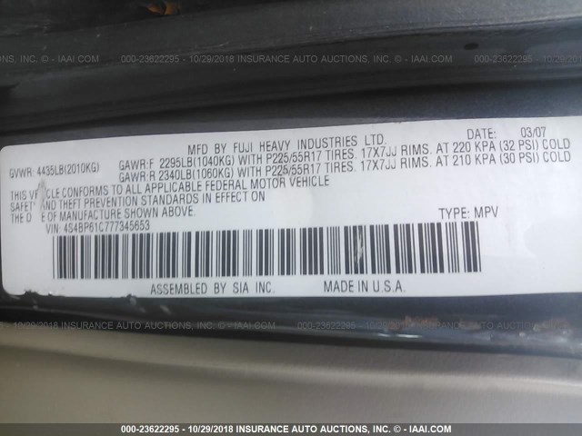 4S4BP61C777345653 - 2007 SUBARU LEGACY OUTBACK 2.5I GRAY photo 9