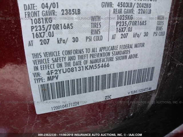 4F2YU08131KM55466 - 2001 MAZDA TRIBUTE LX/ES 红色 照片 9