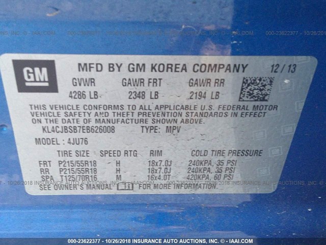 KL4CJBSB7EB626008 - 2014 BUICK ENCORE CONVENIENCE BLUE photo 9