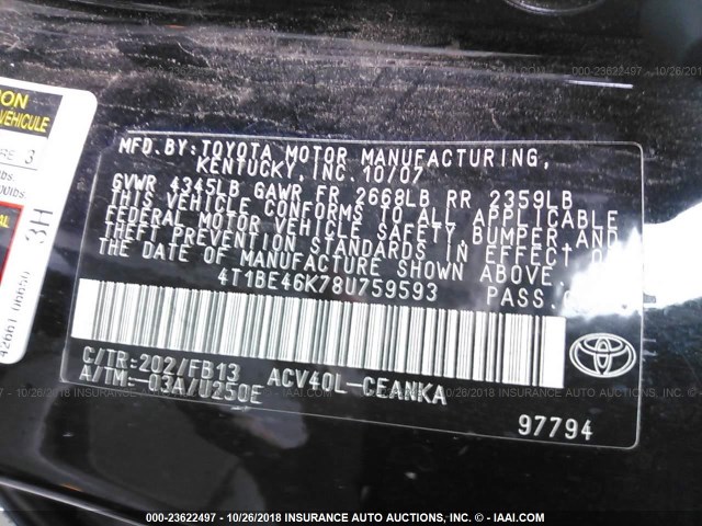 4T1BE46K78U759593 - 2008 TOYOTA CAMRY CE/LE/XLE/SE BLACK photo 9