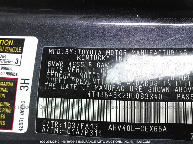 4T1BB46K29U083340 - 2009 TOYOTA CAMRY HYBRID GRAY photo 9