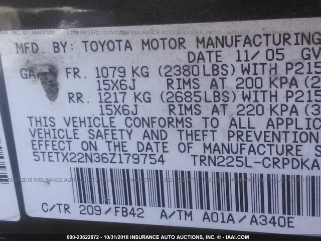 5TETX22N36Z179754 - 2006 TOYOTA TACOMA ACCESS CAB შავი ფოტო 9