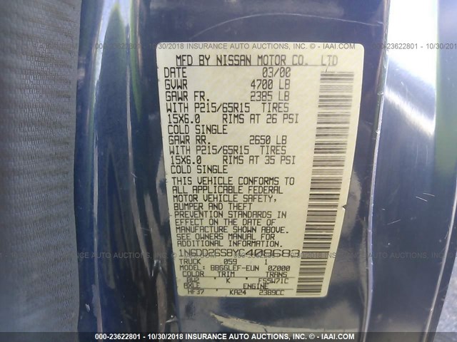 1N6DD26S8YC408683 - 2000 NISSAN FRONTIER KING CAB XE BLUE photo 9