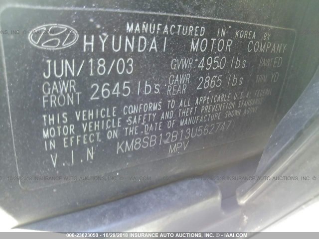 KM8SB12B13U562747 - 2003 HYUNDAI SANTA FE GL BLACK photo 9