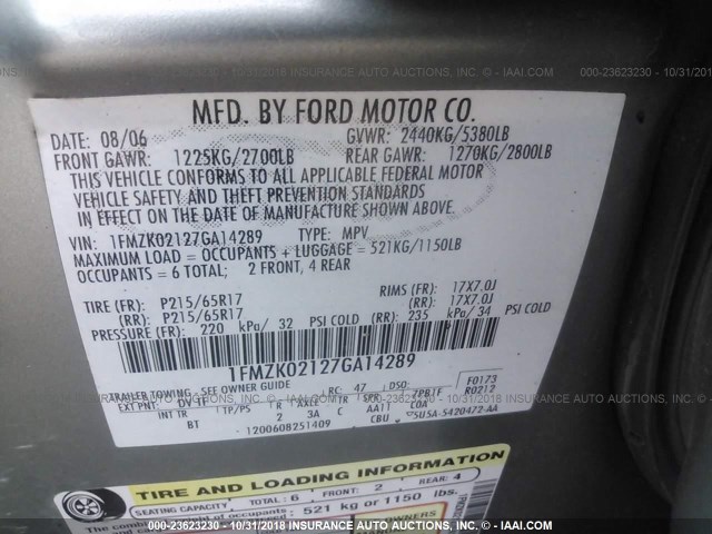 1FMZK02127GA14289 - 2007 FORD FREESTYLE SEL GREEN photo 9