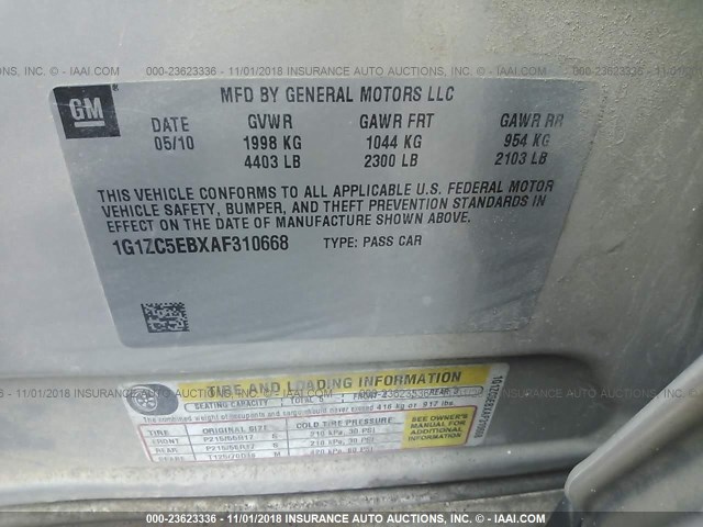 1G1ZC5EBXAF310668 - 2010 CHEVROLET MALIBU 1LT TAN photo 9