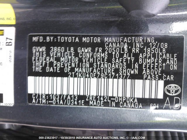 2T1KU40E79C171377 - 2009 TOYOTA COROLLA MATRIX  GRAY photo 9