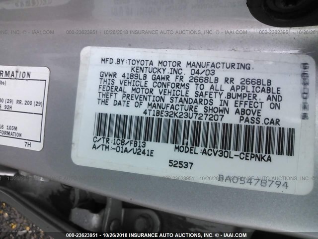 4T1BE32K23U727207 - 2003 TOYOTA CAMRY LE/XLE/SE SILVER photo 9