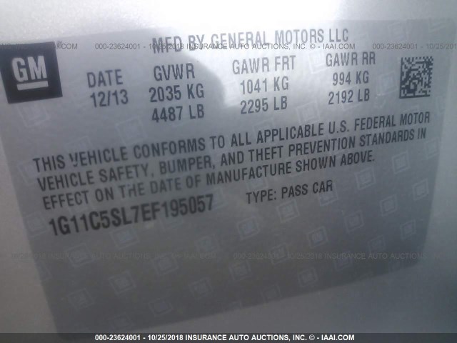 1G11C5SL7EF195057 - 2014 CHEVROLET MALIBU 1LT SILVER photo 9