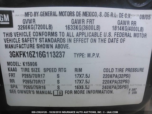 3GKFK16Z16G113237 - 2006 GMC YUKON XL K1500 BLACK photo 9