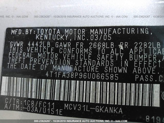 4T1FA38P96U066585 - 2006 TOYOTA CAMRY SOLARA SE/SLE Gümüş foto 9