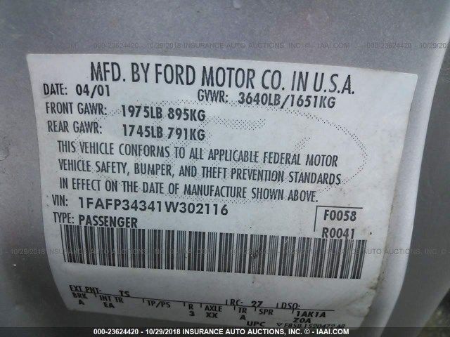 1FAFP34341W302116 - 2001 FORD FOCUS SE/SE SPORT SILVER photo 9