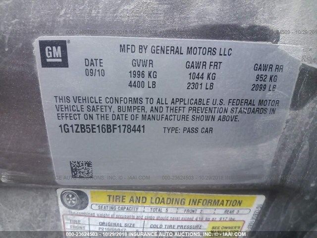 1G1ZB5E16BF178441 - 2011 CHEVROLET MALIBU LS 灰色 照片 9