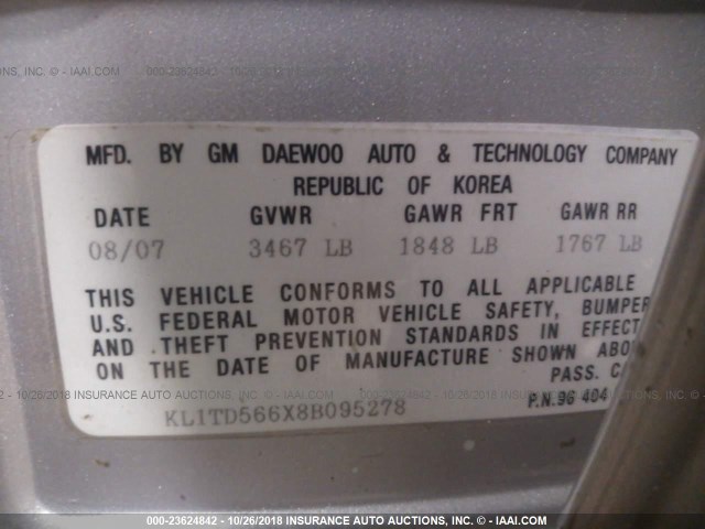 KL1TD566X8B095278 - 2008 CHEVROLET AVEO LS SILVER photo 9