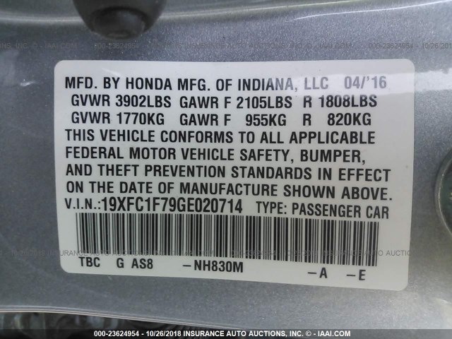 19XFC1F79GE020714 - 2016 HONDA CIVIC EXL SILVER photo 9