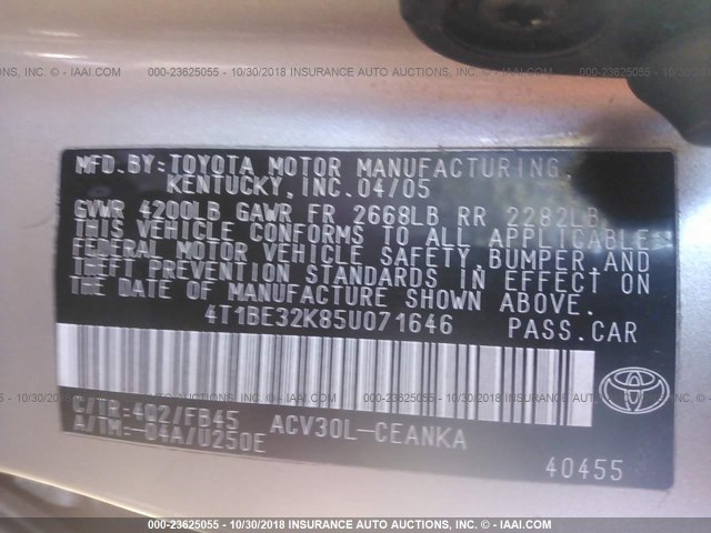 4T1BE32K85U071646 - 2005 TOYOTA CAMRY LE/XLE/SE GOLD photo 9