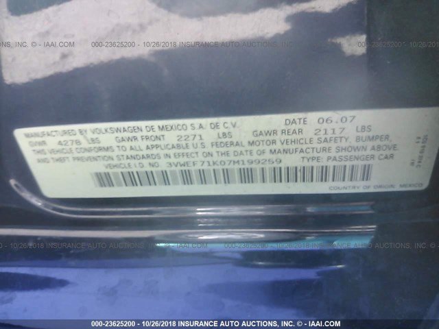 3VWEF71K07M199259 - 2007 VOLKSWAGEN JETTA WOLFSBURG 黑色 照片 9