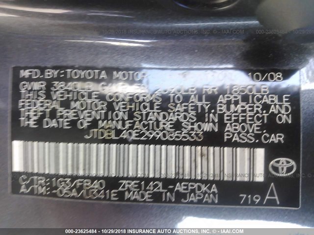 JTDBL40E299085533 - 2009 TOYOTA COROLLA LE/XLE GRAY photo 9
