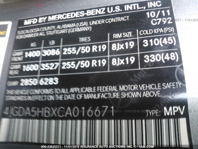 4JGDA5HBXCA016671 - 2012 MERCEDES-BENZ ML 350 4MATIC SILVER photo 9