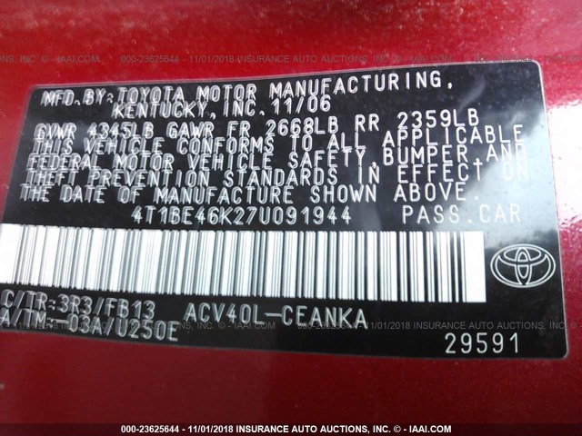 4T1BE46K27U091944 - 2007 TOYOTA CAMRY NEW GENERAT CE/LE/XLE/SE RED photo 9
