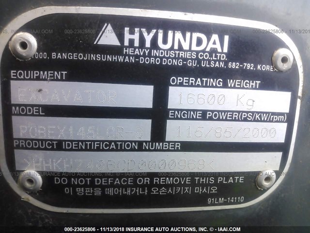 HHKHZ406CD0000968 - 2013 HYUNDAI R145LCRD-9  YELLOW photo 9