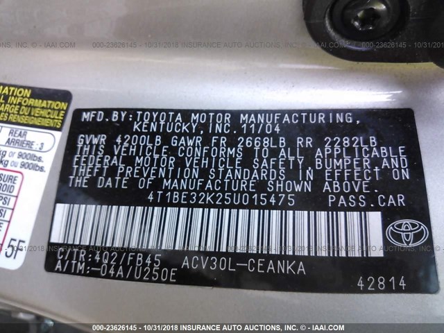 4T1BE32K25U015475 - 2005 TOYOTA CAMRY LE/XLE/SE GOLD photo 9