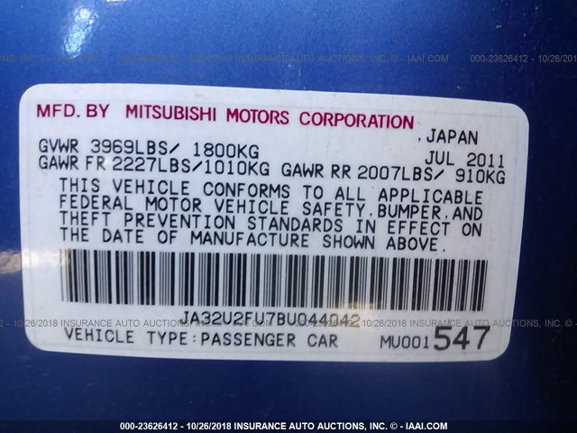 JA32U2FU7BU044042 - 2011 MITSUBISHI LANCER ES/ES SPORT BLUE photo 9