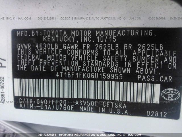 4T1BF1FK0GU159959 - 2016 TOYOTA CAMRY LE/XLE/SE/XSE WHITE photo 9