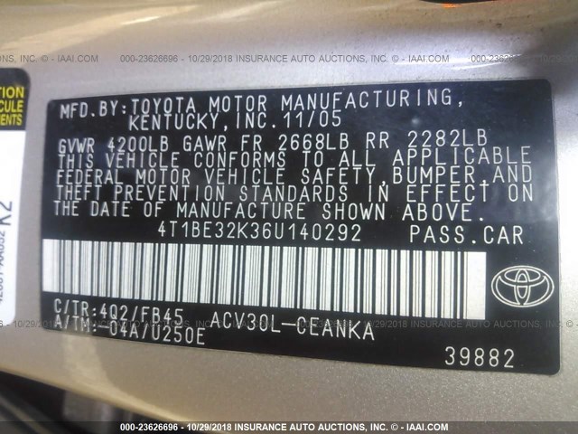 4T1BE32K36U140292 - 2006 TOYOTA CAMRY LE/XLE/SE 金色 照片 9