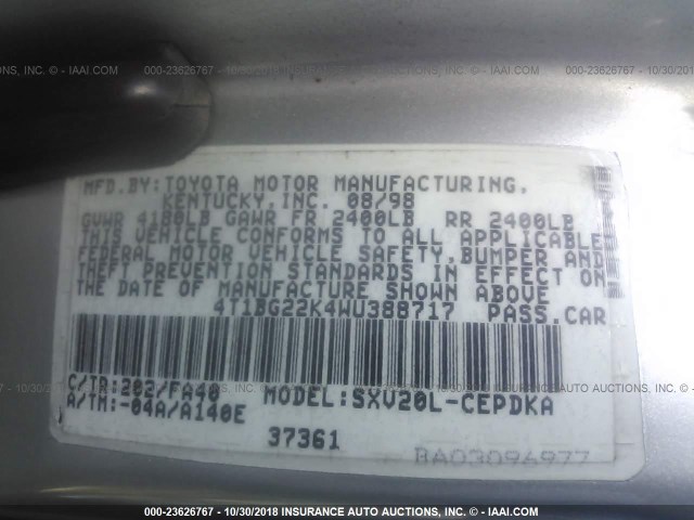 4T1BG22KXYU658455 - 2000 TOYOTA CAMRY CE/LE/XLE 灰色 照片 9